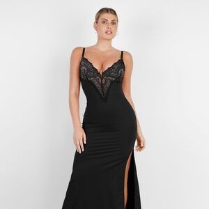 Popilush Shapewear Lace V Neck Side Slit Slimming Maxi Slip Dress
